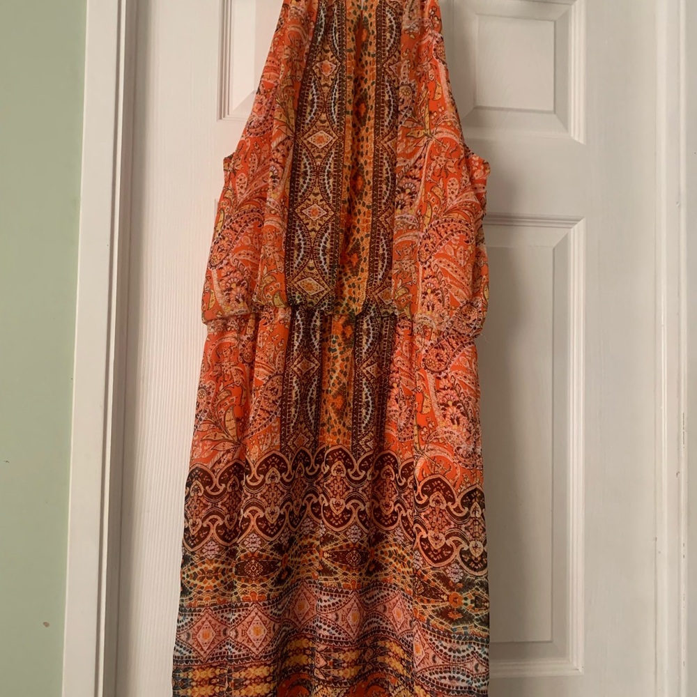 London Times Vibrant Orange and Brown Maxi Dress